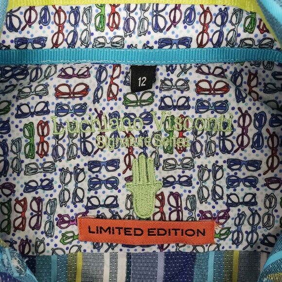 Luchiano Visconti Limited Edition Shirt Mens XS Blue Green Striped Eyeglasses - Picture 3 of 7